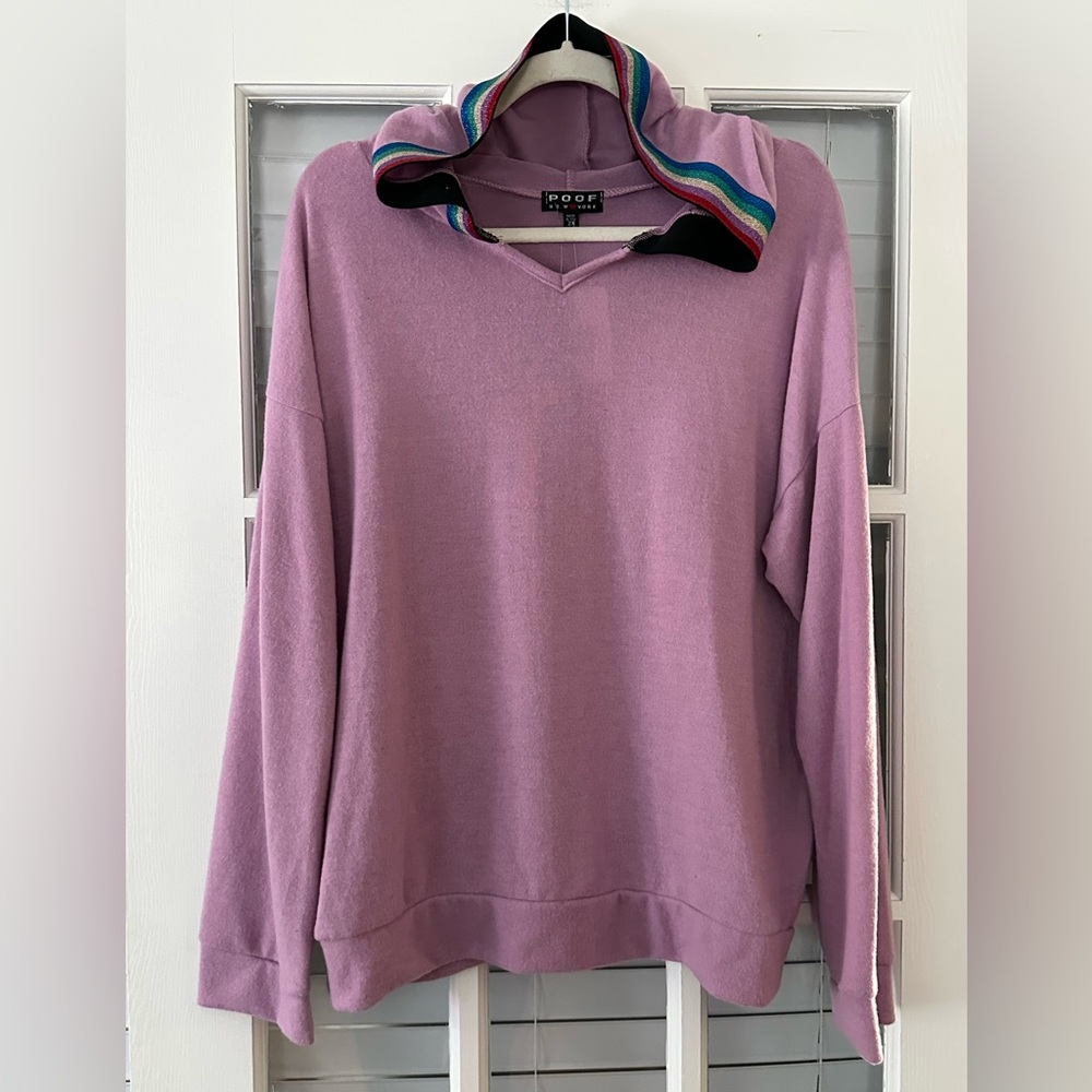 NWT Poof New York Women's 2X Lilac Hooded Soft Sweater Rainbow Accent | SKU 0891